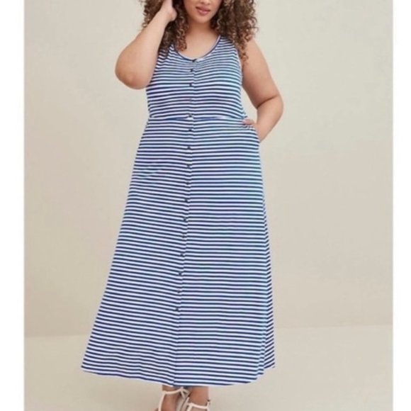 Torrid Button Front Blue White Striped Jersey Maxi - Picture 2 of 4
